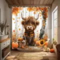 Duschvorhang mit Hochlandrind-Motiv, Herbst-Kürbis und Sonnenblumen-Druck fürs Bad - Einzelner Duschvorhang 90x180cm / Herbst Hochlandkuh (YL-012)