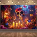 Tag der Toten Hintergrund mit buntem Zuckerschädel und floralem Design für festliche Dekoration - Zuckerschädel und Rosen Stil (SBJ-012) / 95x75cm