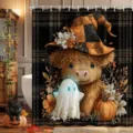 Herbstlicher Badezimmer-Duschvorhang mit Vintage Hochlandrinder-Hexenhut-Druck - Einzelner Duschvorhang 90x180cm / Hochlandkuh mit Zauberhut (YL-013)