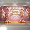 Rosa und goldener Happy Birthday Fotohintergrund mit Ballon- und Sterndekorationen. - Rosa Happy Birthday Hintergrund (SBJ-019) / 95x75cm
