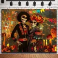 Día de los Muertos Hintergrund mit mexikanischen Skeletten für die Partydekoration. - Tag der Toten Totenkopf Blumen Stil (SBJ-013) / 95x75cm