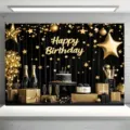 Eleganter schwarz-goldener Happy Birthday Fotohintergrund mit Sternen und Ballons - SBJ-020 Stil / 95x75cm