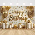 Eleganter Hintergrund zum Geburtstag in Gold und Weiß mit Luftballons und Geschenken - SBJ-021 Stil / 95x75cm
