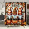 Herbst-Duschvorhang mit Gnomen auf Kürbissen und Hello Fall Holzmaserung-Design - Einzelner Duschvorhang 90x180cm / Herbst-Wichtel und Kürbisse (YL-015)