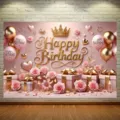 Rosa und goldener Happy Birthday Hintergrund mit Krone, Ballons und Rosen Dekoration SKU - SBJ-023 Stil / 95x75cm / Roségold
