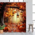 Herbstlicher Duschvorhang mit leuchtenden Laternen und orangefarbenen Kürbissen - Einzelner Duschvorhang 90x180cm / Herbstwald-Laterne (YL-017)