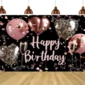 Eleganter roségoldener Happy Birthday Fotohintergrund mit Leoparden- und Champagner-Ballons - Rosa Champagner Ballon Thema (SBJ-024) / 95x75cm