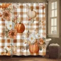 Rustikaler Herbst-Duschvorhang mit Kürbissen und Blumen auf einem karierten Hintergrund - Einzelner Duschvorhang 90x180cm / Orange Gingham Kürbis Sonnenblume (YL-020)