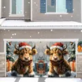Banner porta garage natalizia con mucca Highland festiva e scena innevata - Mucca delle Highlands Scozzesi (CK-008)