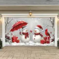 Striscione natalizio per porta del garage con pupazzi di neve per decoro festa - Pupazzo di Neve e Uccello Rosso (CK-009)