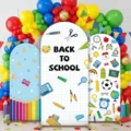 Juego de 3 fundas de arco Back to School con coloridos patrones de útiles escolares. - Bienvenida al Regreso Cuadros Azules de Poliéster (GX-005) / Set de tres piezas
