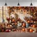 Sfondo fotografico autunnale professionale con zucche e girasoli per decorazioni - Stile SBJ-003 / 95x75cm