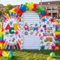 Fundas de arco coloridas para fiesta de regreso a clases con motivos de papelería - Papelería de Dibujos Animados Bienvenida al Regreso de Poliéster (GX-008) / Set de tres piezas
