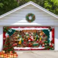 Grande striscione per porta del garage di Natale con officina di Babbo Natale ed elfi - Officina di Babbo Natale (CK-011)