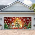 Grande striscione festivo per porta del garage di Natale con pupazzo di neve, renna e albero - Ritratto di Famiglia di Natale (CK-012)