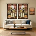 Rustic farm theme cafe curtains with cow and daisy print for kitchen or living room decor - Farm Animal Style (CL-001) / 66x91cm