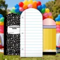 Back-to-school arch backdrop set with notebook and pencil patterns for party decor. - Polyester Style (GX-004) / 65x150cm+80x180cm+50x120cm