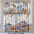 Autumn pumpkin kitchen curtain set with blue floral harvest patterns for Thanksgiving - 2-Piece Tiers / 66x91cm / Style 2 (CL-002)