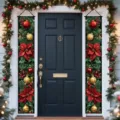 Christmas porch banners with poinsettia and ornament designs hanging on a front door - Christmas Flowers & Ornaments (SDL-003) / 30x150cm