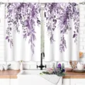 Watercolor purple eucalyptus leaf kitchen curtains in a fresh Nordic pastoral style - 2 Pieces/Pack (66x91cm) / Purple Watercolor Eucalyptus and Floral Style (CL-012)