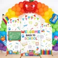 Vibrant Back to School arch backdrop set with school supply prints for party decor - Polyester Style (GX-001) / 65x150cm+80x180cm+50x120cm