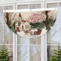 Rustic fan-shaped Christmas bunting flag with vintage church and sleigh illustration - Red Snowman Church Carriage Style (SXQ-001) / 37.5x75cm