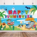 Banner fondo fiesta Halloween verano, linda decoración foto playa esqueleto dibujos animados. - Tema de fiesta de Halloween de verano (SBJ-009) / 95x75cm