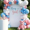 Gender reveal party arch backdrop with pink and blue balloons and Boy or Girl sign - Simple White Gold Style (SGX-004) / 50x120cm (Standard Polyester)