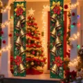 Festive Christmas porch banners with golden bells and poinsettia prints on green background - Golden Bells Style (SDL-004) / 30x150cm