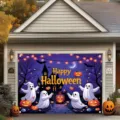Großer Halloween-Garagentor-Banner-Hintergrund mit niedlichen Geistern und Kürbis-Deko - Lila Geisterschloss-Stil (SBJ-001) / 95x75cm