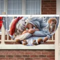 Christmas bunting flag featuring cartoon Santa and squirrels for outdoor fence decoration - Santa Claus and Squirrels Style (SXQ-003) / 37.5x75cm (Flat Style) / Red