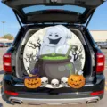 Halloween car trunk or treat backdrop banner with ghost and pumpkin design - Ghost Wizard Cauldron (YX-002) / 60x60cm