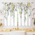Florale Aquarell-Eukalyptus-Küchenvorhänge mit Gänseblümchen- und Lavendelmuster - 2 Stück/Packung (66x91cm) / Aquarell Eukalyptus & Floral Stil 2 (CL-002)