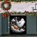 Εορταστικό αυτοκόλλητο πλυντηρίου πιάτων Halloween με φάντασμα και κολοκύθα διακόσμηση - 58.5x66cm (Μαγνήτες στις Τέσσερις Γωνίες ή Velcro) / Κολοκύθα Φάντασμα με Δαντέλα (XYJT-002)