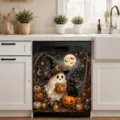 Couvercle magnétique d'Halloween pour lave-vaisselle avec fantôme, chat noir et citrouilles - 58.5x66cm (Aimants aux Quatre Coins ou Velcro) / Fantôme Sorcier et Chat Noir (XYJT-010)