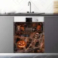 Sticker lave-vaisselle Halloween avec impression de squelette et citrouille lumineuse - 58.5x66cm (Aimants aux Quatre Coins ou Velcro) / Squelette de Citrouille Effrayant (XYJT-014)