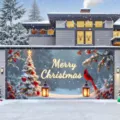 Festive Merry Christmas garage door decoration banner with snowy tree and red cardinal. - Christmas Snow Scene (CK-001) / 400x180cm