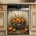 Autumn harvest dishwasher magnetic cover with rustic pumpkin and wheat cart design. - Pumpkin Wheat Cart Pattern (DAXYJT008) / 58.5x66cm (Waterproof Polyester Fabric Four Corner Magnets)