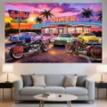 Retro 50s Diner background tapestry with classic cars and motorcycles for party decor - 50s Diner Theme (SBJ-003) / 95x75cm