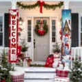 Festive Christmas porch banners featuring Welcome text and a colorful snowman scene - 30x150cm / SDL-003