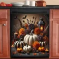 Μαγνητικό κάλυμμα πλυντηρίου πιάτων Halloween με λευκή κολοκύθα, λουλούδια και νυχτερίδες - 58.5x66cm (Μαγνήτες στις Τέσσερις Γωνίες ή Velcro) / Φανάρι Κολοκύθας Φθινοπώρου (XYJT-003)
