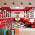 Retro 50s Diner theme backdrop for birthday party featuring jukebox and guitar graphics - 50s Diner Style (SBJ-004) / 95x75cm