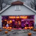 Spooky circus Halloween garage door banner featuring glowing Trick or Treat text and skulls - Trick or Treat (CK-002) / 400x180cm