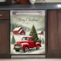 Festive Christmas dishwasher door cover magnet featuring vintage red truck and tree print - Red Truck Christmas Tree (XYJT-016)