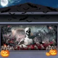 Halloween garage door banner decoration with giant skeleton and spooky graveyard scene - Giant Skeleton Rising (CK-008)