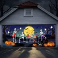 Halloween garage door banner featuring a skeleton rock band and glowing pumpkins - Skeleton Rock Band (CK-009)