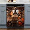 Autocollant magnétique pour lave-vaisselle d'Halloween avec fantôme et citrouille. - 58.5x66cm (Aimants aux Quatre Coins ou Velcro) / Château du Fantôme Sorcier (XYJT-005)