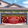 Festive red Merry Christmas garage door banner with snowy scene for holiday decoration - Red Holiday Wishes (CK-003) / 400x180cm