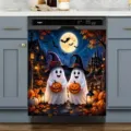 Autocollant lave-vaisselle Halloween avec adorables fantômes et citrouilles décoratifs - 58.5x66cm (Aimants aux Quatre Coins ou Velcro) / Nuit de Citrouille aux Deux Fantômes (XYJT-006)
