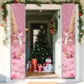 Pink Christmas door banners featuring cute cartoon deer and festive gift box prints - Pink Deer Style (SDL-008) / 30x150cm